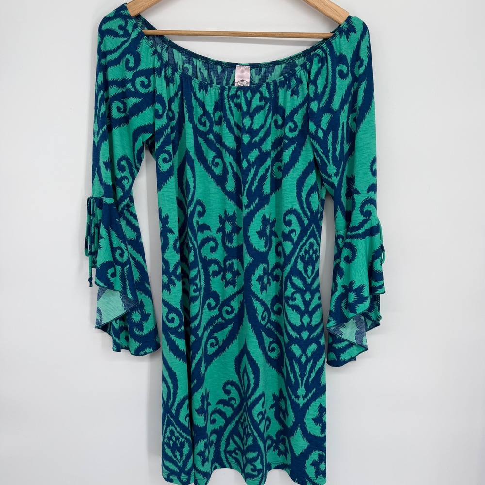 Pink Coconut Dress Teal Blue Ikat Damask Off Shoulder Bell Sleeve Feminine